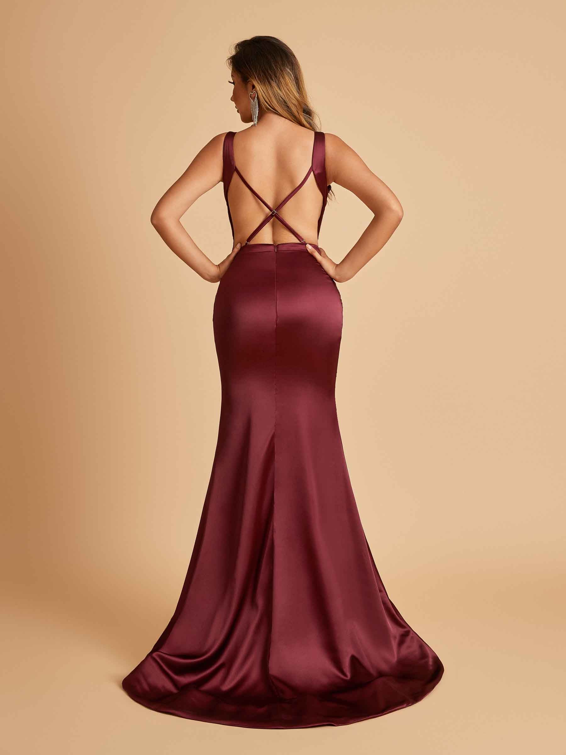 Sexy Satin Criss-cross Back Prom Dresses Mermaid Deep V-neck Back Pleats Floor Length